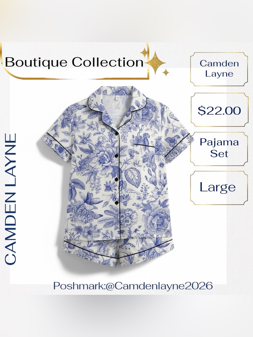 Camden Layne Blue and White Floral Short Sleeve Pajama Set - Picture 2 of 7